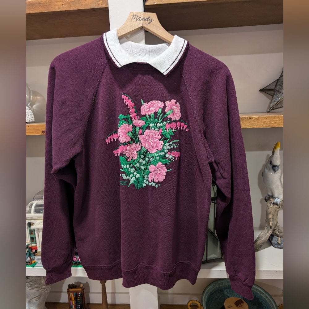 Vintage Grandma Cottagecore Collar Maroon Floral Pullover Sweatshirt Size Large